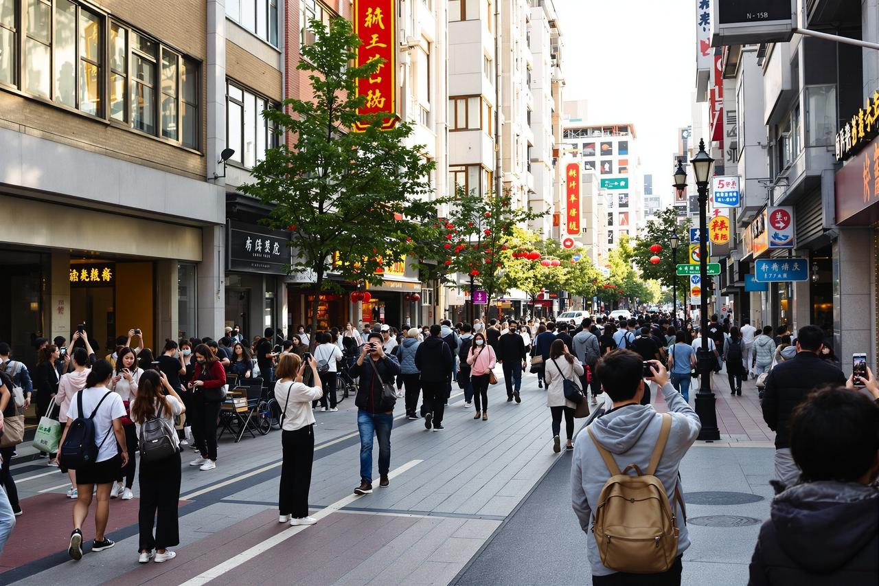 城市街头游客拍照场景,网红打卡地与冷清区域对比